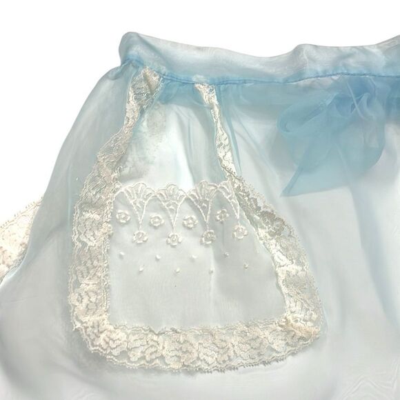 Vintage Apron Light Blue Sheer Lace Front Pocket Tie Back Feminine Pin Up - Picture 2 of 6